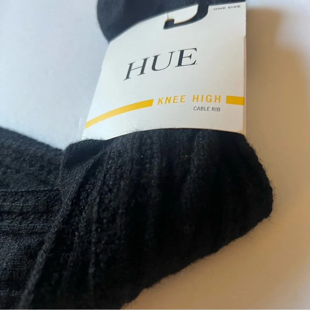 HUE CABLE KNIT RIB KNEE HIGH SOCKS BLACK OS NWT